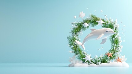 christmas dolphin jumping through a wreath, ocean setting, 3d illustration