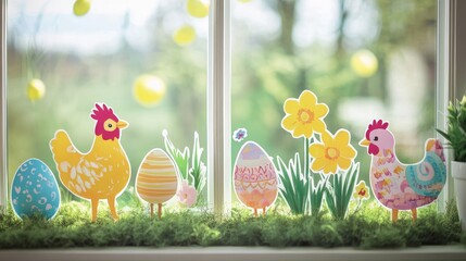 Decorate your window with vibrant Easter cheer! Adorn it with yellow daffodil stickers, adorable chicken cutouts, and colorful egg designs to create a cheerful and festive atmosphere.