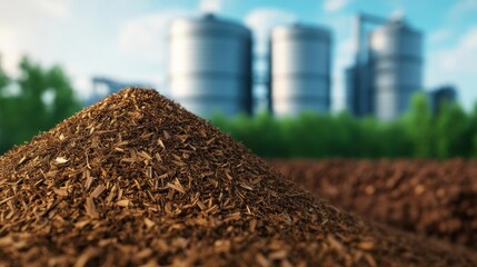 Close-up of a mound of organic mulch with industrial silos in the background, showcasing sustainable gardening practices.