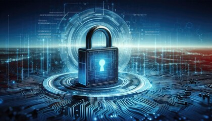 High-tech 3D illustration of a digital padlock, central in a futuristic blue background layered with flowing binary code and cybersecurity symbols
