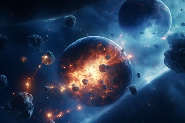 Wall Mural - cosmic collision: a planet explodes in a spectacular display of fire and debris