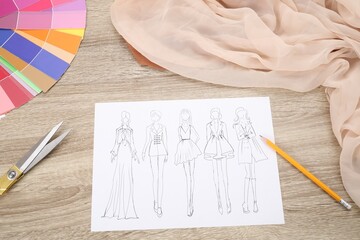 Poster - Sketch of stylish clothes and other fashion designer`s supplies on wooden table, flat lay