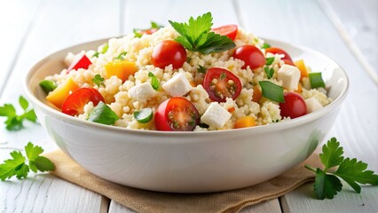 Wall Mural - Fluffy couscous fills a shallow white bowl, topped with vibrant fresh vegetables, herbs, and a sprinkle of crumbled feta cheese, against a clean white background.