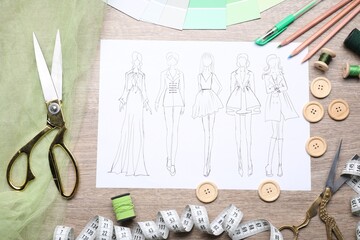 Poster - Sketch of stylish clothes and other fashion designer`s supplies on wooden table, flat lay