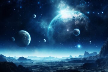 Wall Mural - Cosmic Landscape: Planets and Stars in a Distant Galaxy