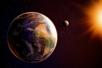 Wall Mural - Planet Earth and moon lit by Sun in space. Image elements furnished by NASA