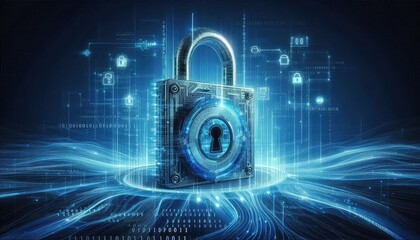 High-tech 3D illustration of a digital padlock, central in a futuristic blue background layered with flowing binary code and cybersecurity symbols