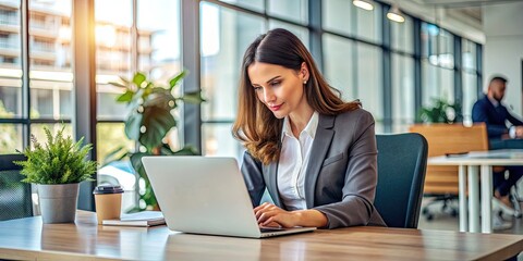 Focused female professional types on laptop keyboard in modern office background, highlighting online productivity, digital communication, and e-learning in a contemporary work environment.