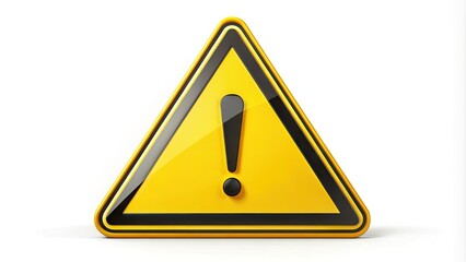 Yellow triangle warning sign with exclamation mark isolated on white background, cautioning of potential hazards or dangers in a clear and prominent display.