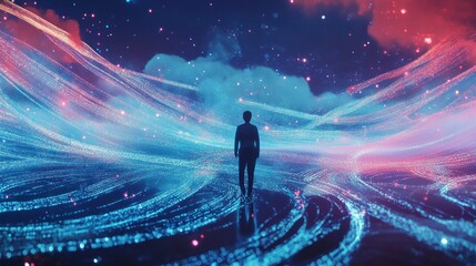 A lone figure standing in a field of blue and pink digital light trails.