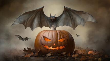 Halloween bat hovering over jack o lantern, in foggy night scene.. A bat is perched on top of a orange evil face, glowing pumpkin with a scary face.