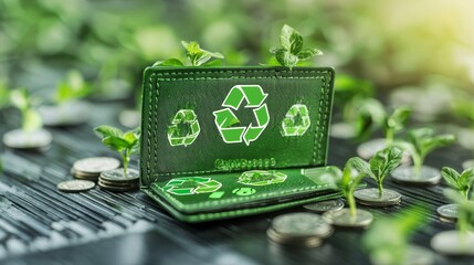 Poster - Green Wallet with Recycle Symbol and Growing Plants.