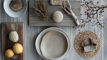 Wall Mural - Still Life with Ceramic Dishes and Natural Elements on a Textured Tablecloth