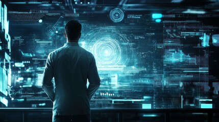 Wall Mural - Man in White Shirt Viewing a Digital Interface with Blue Data