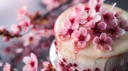 Wall Mural - A glossy white cake adorned with delicate pink flowers on a branch, creating a sophisticated and romantic atmosphere