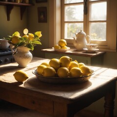 Canvas Print - Cozy rustic kitchen interior with lemon fruits on old wooden table.