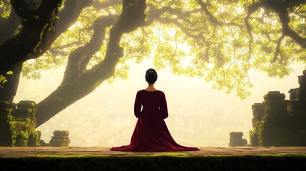 Poster - Woman in Red Dress Gazing at Mystical Light in Forest.