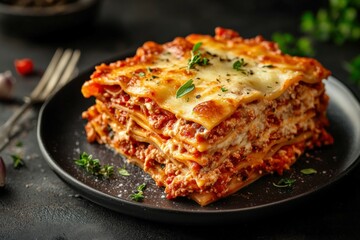 Delicious baked lasagna on a black plate with herbs and spices