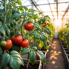 Wall Mural - Tomato plants in greenhouse with sunlight filtering through leaves