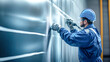 © Anoo - A worker in blue overalls uses a sandblasting machine to prepare metal panels, ensuring a smooth finish in an industrial workspace