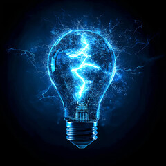 Blue light bulb and lighting strike, bright static electricity energy and power. Danger spark shock, glowing thunder bolt flash, illuminated, innovation, technology