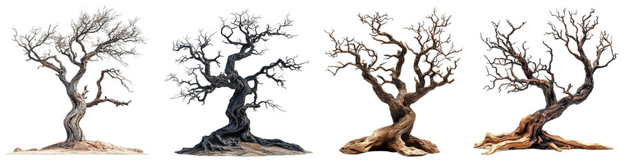 gnarled twisted trees with dark branches barren and spooky forest concept transparent background