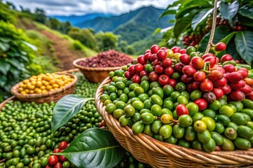 Freshly harvested green coffee berries cling to the branch of a lush plantation, waiting to be picked by skilled farmers for coffee production.