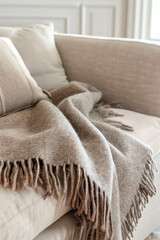 A soft woolen blanket with fringes draped over a beige sofa creating a cozy and inviting atmosphere.