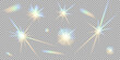 © Helen - Set of different shapes glowing rainbow stars isolated on transparent background. Reflection light prism effect. Glare colorful reflection. Crystal rainbow reflection. Glowing star lights effect.
