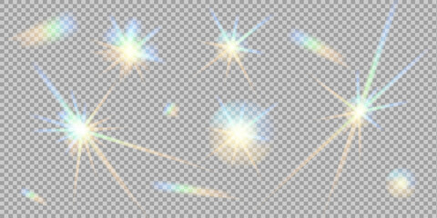 set of different shapes glowing rainbow stars isolated on transparent background. reflection light p