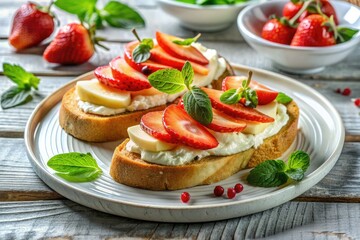 Wall Mural - Fresh ricotta bruschetta topped with sliced pear and strawberry, garnished with fresh mint leaves, arranged artistically on a rustic white wooden table, ready for serving.