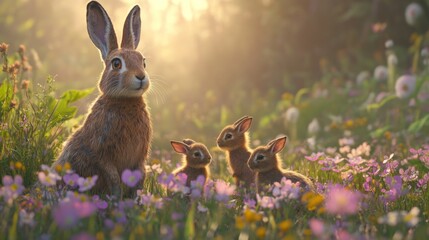 Wall Mural - A Mother Rabbit with Her Two Adorable Bunnies