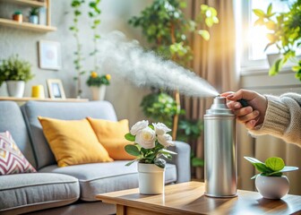 Fresh scent fills the air as a gentle mist of air freshener sprays from a can, revitalizing the atmosphere in a cozy home interior setting.