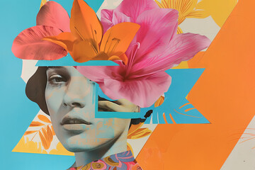 Wall Mural - A woman's face is painted on a piece of paper with a flower and leaves