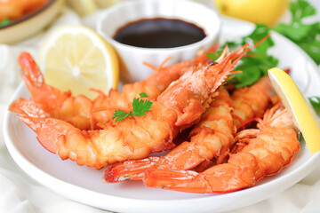 Poster - Lemon and soy dipping sauce served with tempura shrimp