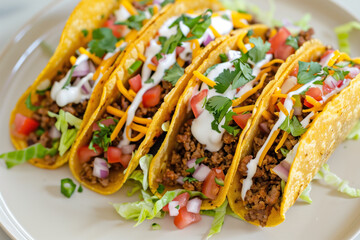 Wall Mural - Fresh veggie and sauce-filled beef tacos in Mexican style