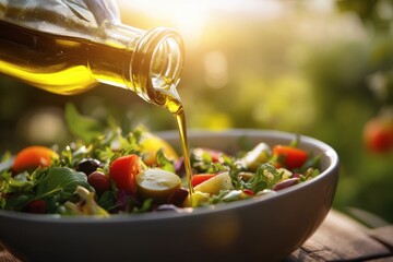 Fresh salad preparation with olive oil drizzle in a garden during golden hour