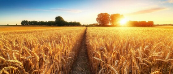 Poster - Vibrant golden wheat field at sunset with a clear path and trees in the background, evoking a serene and peaceful atmosphere.