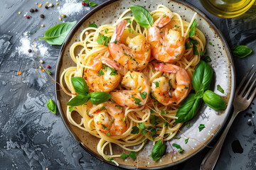 Wall Mural - Garlic butter shrimp with pasta and fresh basil