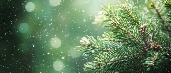 Poster - Close-up of a snow-covered pine branch with a soft green bokeh background.