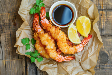 Wall Mural - Tempura shrimp with soy dipping sauce and lemon