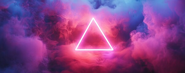 Sticker - neon pink triangle shape in a cloud of colorful smoke, abstract light art. futuristic and creative c