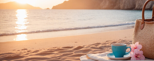 Straw bag with flowers and a cup of coffee in front of a tropical sandy beach and azure sea at sunrise or sunset. Relaxing summer vacation concept with space for text or montage product.