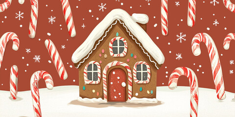 Poster - Single gingerbread house with uniform decorations, surrounded by repeating, evenly spaced candy canes, flat illustration