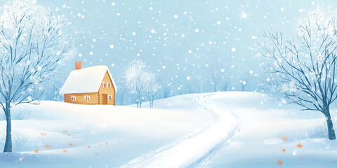 Wall Mural - Winter landscape with snow-covered path leading to a cozy cabin, space for holiday greetings, flat illustration