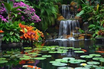 A beautiful summer garden with a mix of tropical plants and colorful flowers, featuring a koi pond with lily pads and a small waterfall cascading into the water.