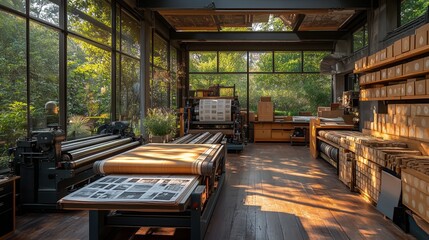 Modern home printing studio bathed in natural light, featuring advanced printing equipment and wooden furnishings. Large windows reveal a lush garden outside, blending nature with technology