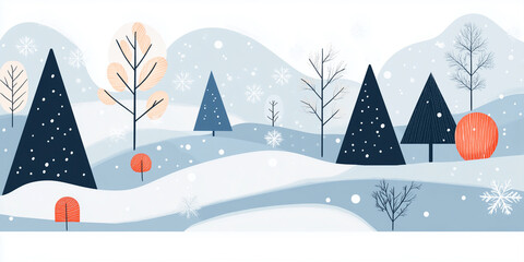 Minimalist card design with a winter landscape, featuring trees, snowflakes, and simple geometric forms, flat illustration