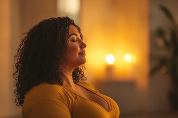 Wall Mural - Embracing Body Positivity Through Yoga: Silhouetted Latina Woman with Plus-Size Figure in Serene Studio Environment