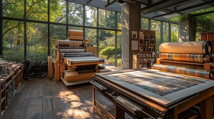 Modern home printing studio bathed in natural light, featuring advanced printing equipment and wooden furnishings. Large windows reveal a lush garden outside, blending nature with technology